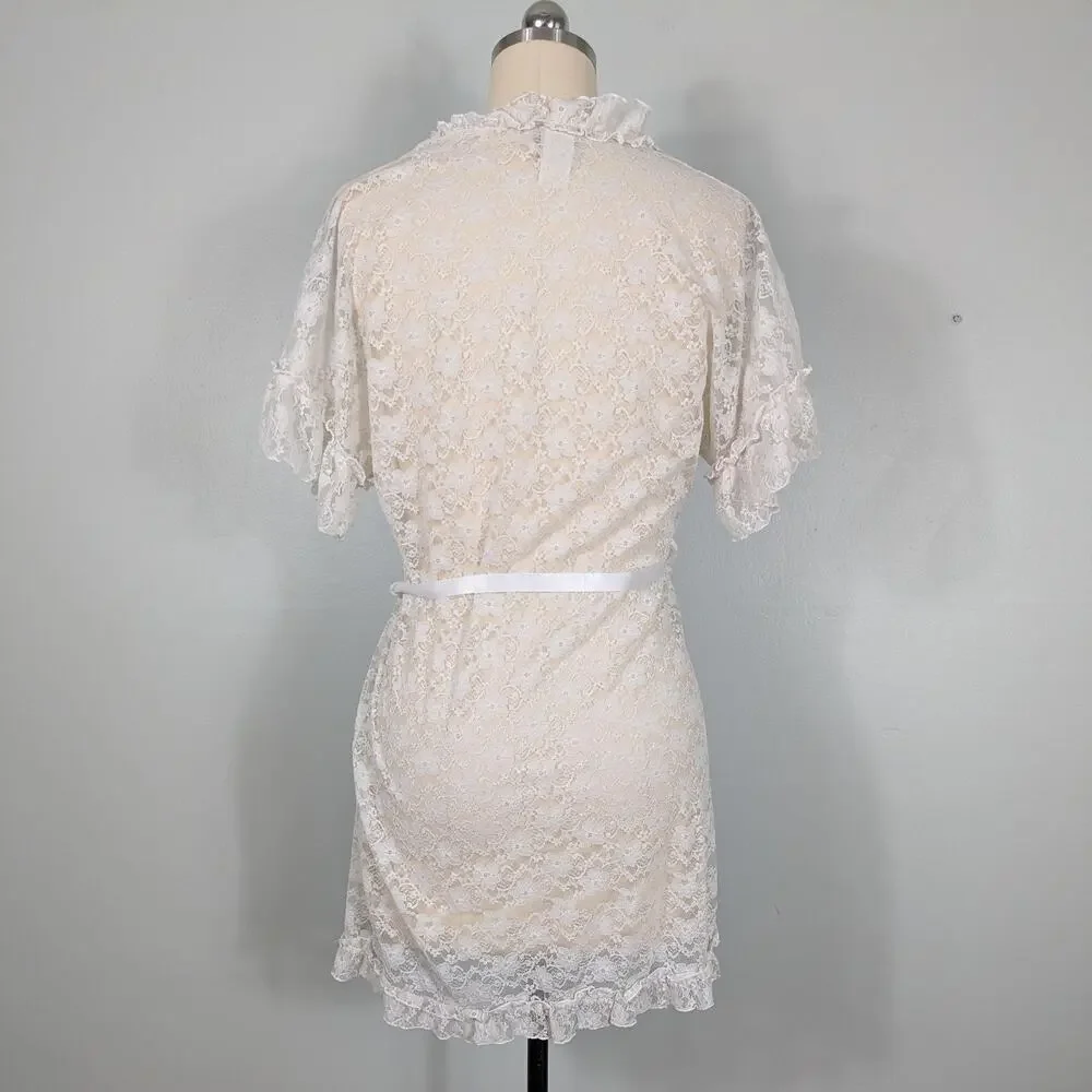 Lace Ruffle Robe Top M Cream Ivory Wrap Boho Fairy Hippie Y2K Floral Short